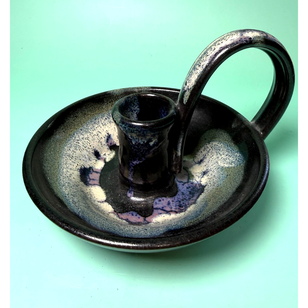 Signed RRP Large Art Pottery Chamberstick Candle Holder Mottled Black Purple